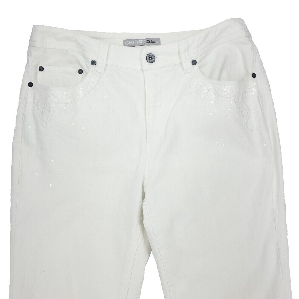 Chicos Platinum Jeans Womens 0.5 (US 6 /S) White Cecile OCP Sequin Strech Capri - Picture 2 of 11